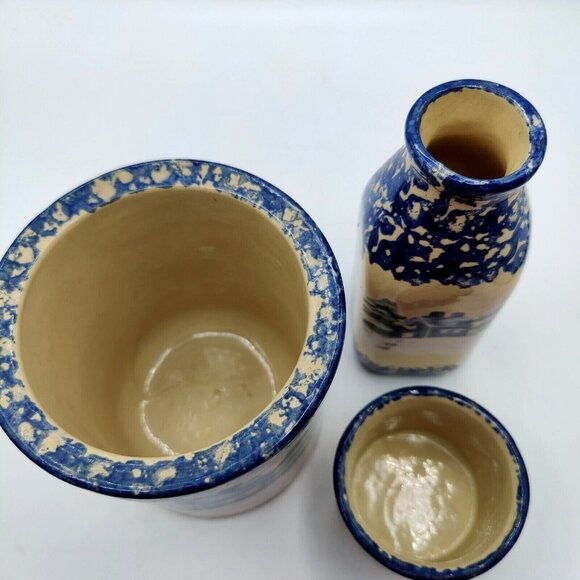 Alpine Pottery Ohio 1995 Blue Snow Cottage Hand Painted Winter Decor Set - Picture 8 of 11